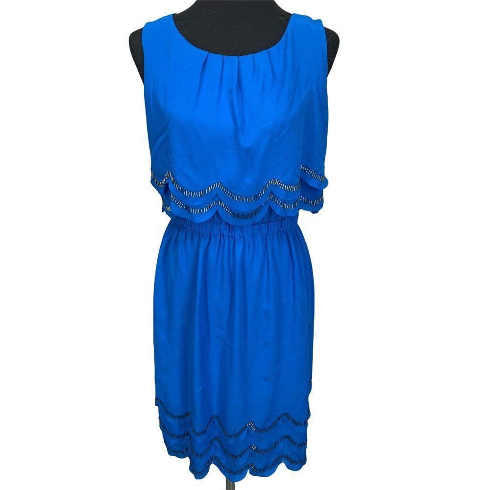 Gianni Bini Blue Scalloped Edge Jeweled Sleeveless Dress Size Medium